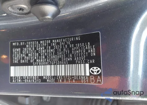 2016 Toyota Corolla Le из США, поврежденный, VIN 5YFBURHE7GP509665